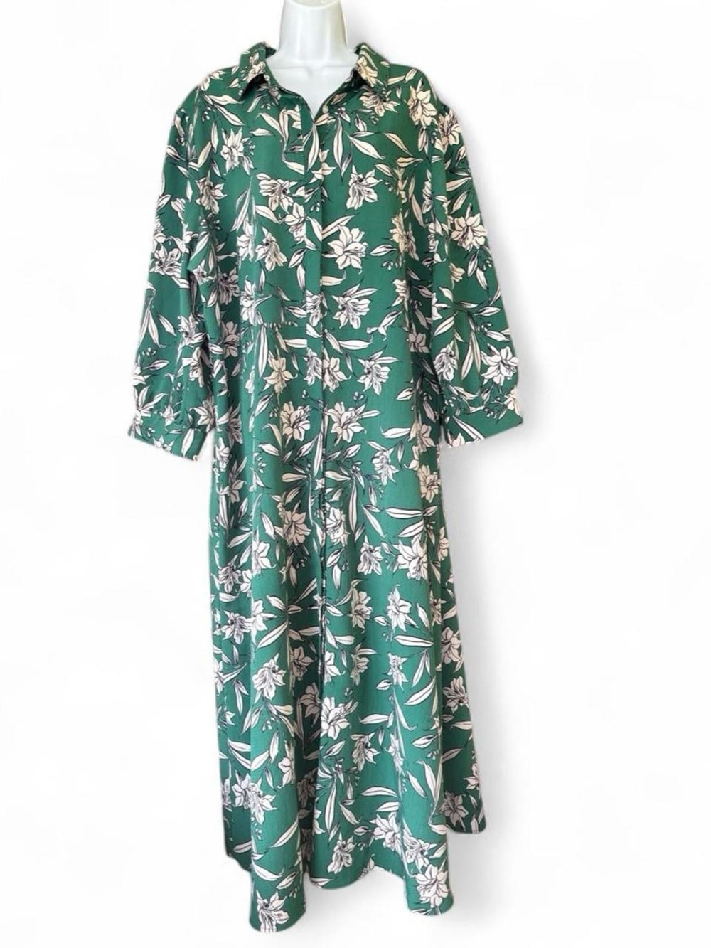 Green floral maxi shirt dress 24 3XL plus size puff sleeve buttondown formal